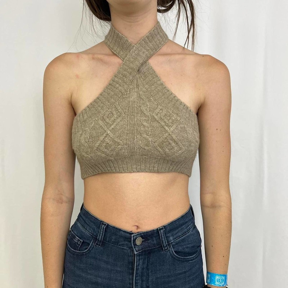 Sweater Cross Halter Crop Top